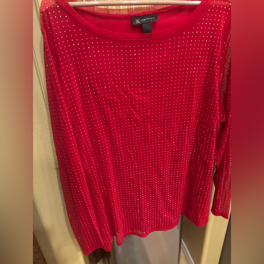 INC International Concepts Red Rhinestone Long Sleeve Top